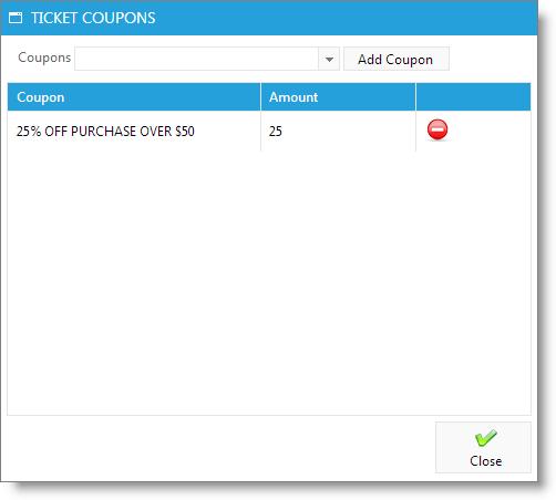 Daily Operations 31 Ticket Coupons This screen will allow you to apply coupons that have been created to discount an entire ticket. How to Apply a Ticket Coupon Method 1: 1.
