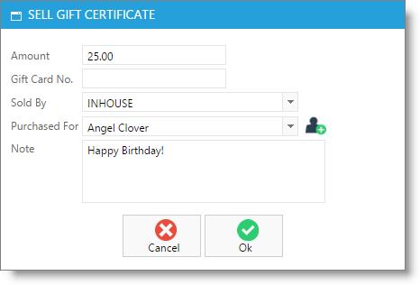32 Day-to-Day Operations Guide Sell Gift Card Because Gift Certificates require information about who bought it and who it is intended for, these sales are handled through the small screen shown