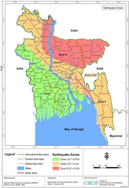 148. Bangladesh is divided into three seismic zones: Zone I Severe (Seismic Factor, 0.08g), Zone II Moderate (Seismic Factor, 0.05g), and Zone III Minor (Seismic Factor, 0.04g).