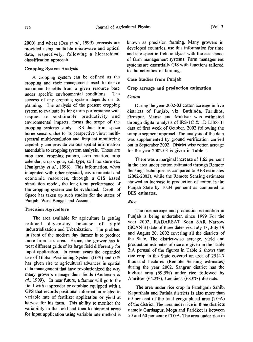 176 Journal of Agricultural Physics [Vol. 3 2000) and wheat (Oza et al.