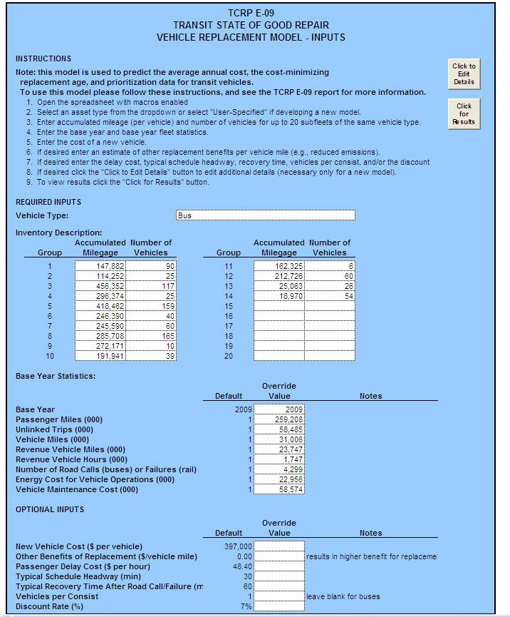 Tools for Evaluating Asset Rehabilitation and Replacement Vehicle Tool - Inputs Select vehicle type: bus, light rail, heavy rail Enter inventory