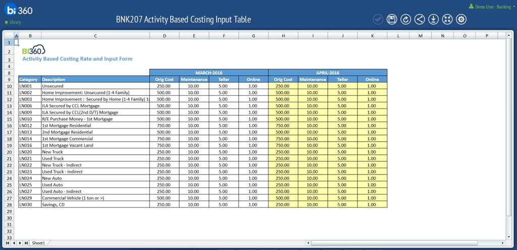BNK207 Activity Based Costing Input Table The Activity Based Costing Input Table allows you to input monthly costs for various activities.