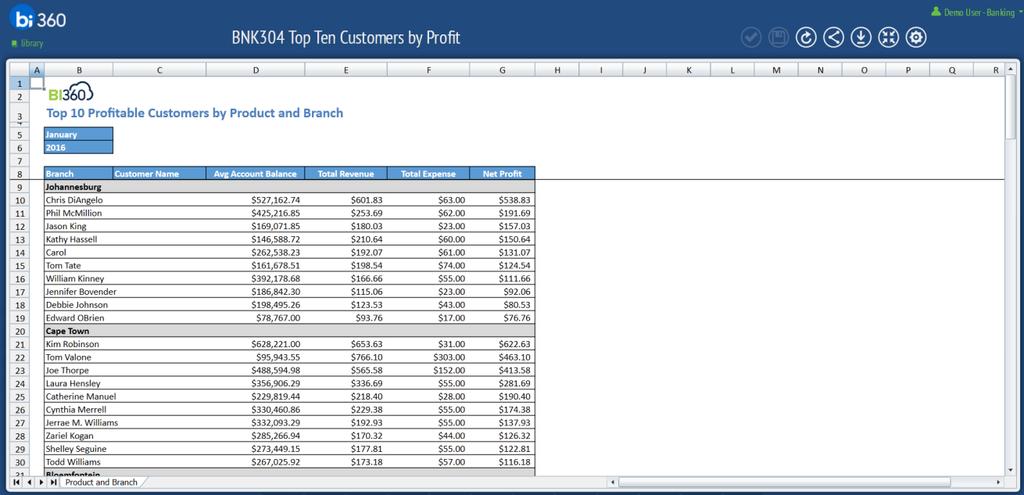 BNK304 Top Ten Customers by Profit The Top Ten Customer by Profit report is an example of tracking the most profitable customers by branch.