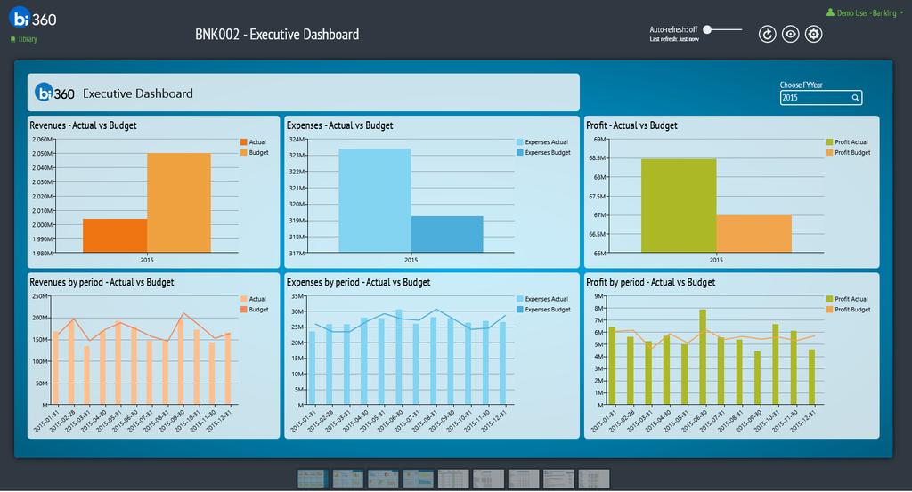 BNK002 - Executive Dashboard The Executive Dashboard example is designed with a banking executive in mind and allows for key executive metrics to be displayed at a high level view of the business by