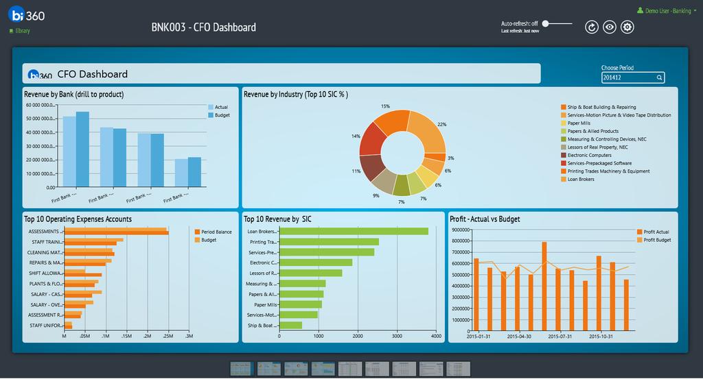 BNK003 - CFO Dashboard The CFO Dashboard example was built to show metrics that the Chief Financial Officer would use to gain a high level view of the business performance and financial status by