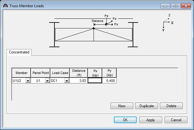 "Model truss member as beam element" is selected, the Truss Member loads window will allow you to enter member load at a distance from a panel point. For now, we will not add this load.