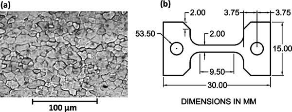 2 JOURNAL OF ASTM INTERNATIONAL FIG. 1 (a) Optical image of grain structure of the cross section of as-received material and (b) sample dimensions. The sample thickness is 0.5 mm.