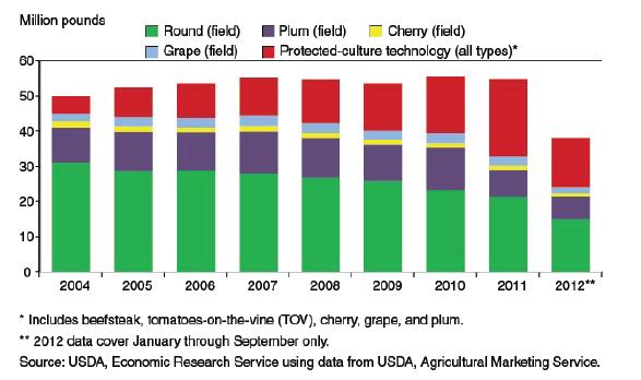 Changes in U.S. Share of Field-grown vs. Protectedculture Tomato Production, 2004-2012 Protected-culture started in North America in late 1990s.
