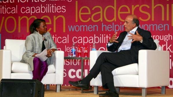 Coca-Cola Chairman and CEO Muhtar Kent being interviewed by Trudy Bourgeois founder and president of The Center for Workforce Excellence, at the 2013 Network of Executive Women summit.