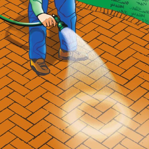Using the shower setting on garden hose sprayer, wet the first 200 sq. ft. area for 30 seconds (without displacing polymeric sand).