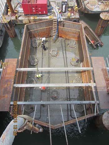 Reinforcing Steel Being Placed in the Footing at Pier 4 For those of you who are curious about what the handrail on the new bridge will look like, a full scale mock-up of a typical rail panel was