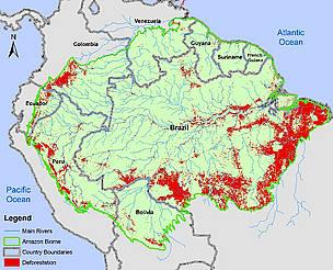 Arc of deforestation (red) in Amazon http://wwf.panda.
