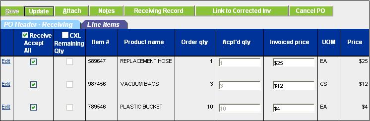 Enter the Received date on the PO Header - Receiving tab. *Note: The Received date must be today s date. 4. Click the Receive Accept All checkbox on the Line items tab. 5.