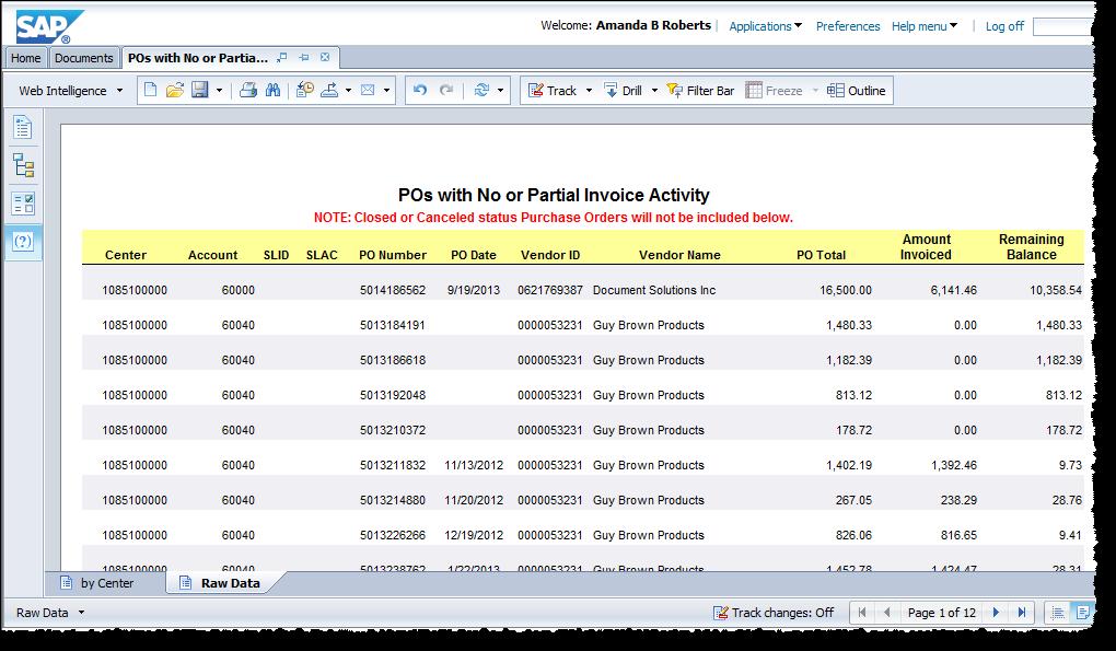 7. The second tab titled Raw Data lists each Purchase Order without the account totals. The grand total of all open POs issued during the selected dates can be viewed on the last page of the report.