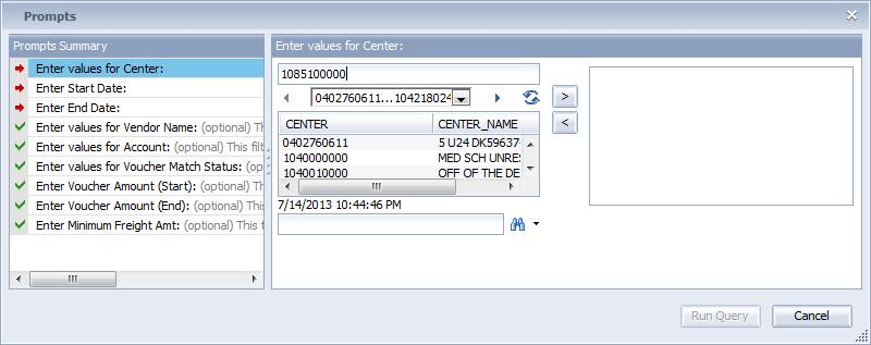 4. Click on the Enter values for Center prompt to enter the Center on which you d like to report and click the right arrow.