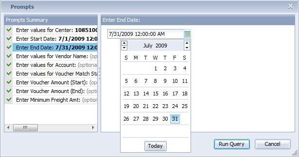 To enter the Start and End Invoice Entry Dates, click the appropriate date prompt and then click the calendar icon below to select the date.