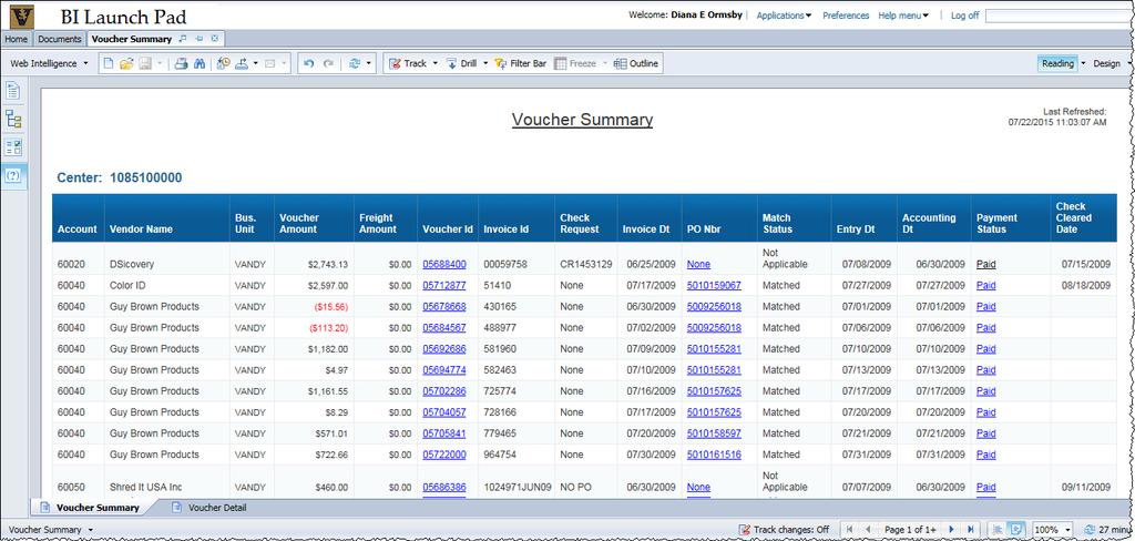6. The resulting report includes two tabs. The first is the Voucher Summary tab that shows a summary list of all invoices entered during the specified period.