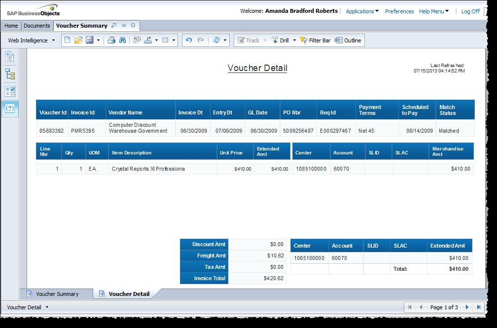 3. The resulting report will display the Voucher Summary tab.