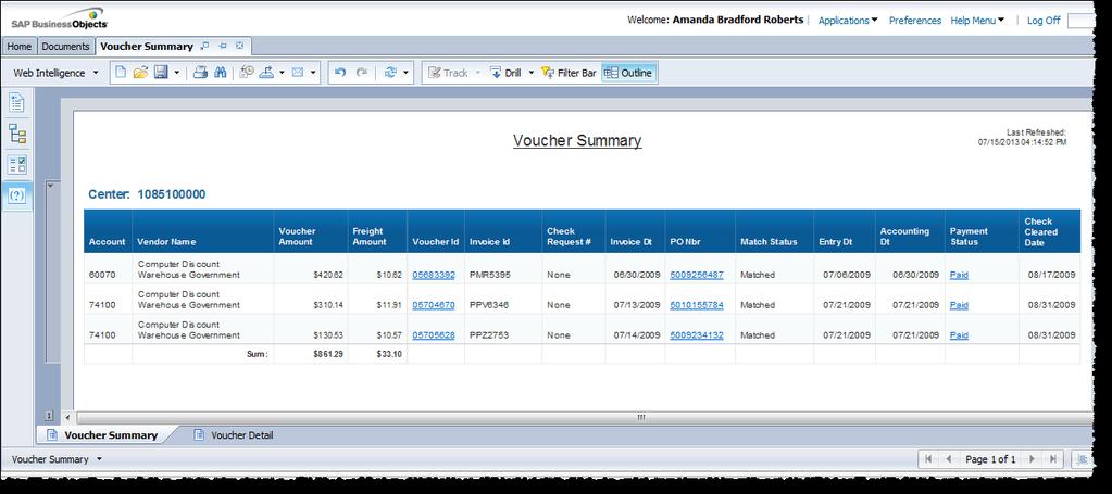 The Voucher Detail tab will display the detailed vouchers with freight amounts greater than the specified