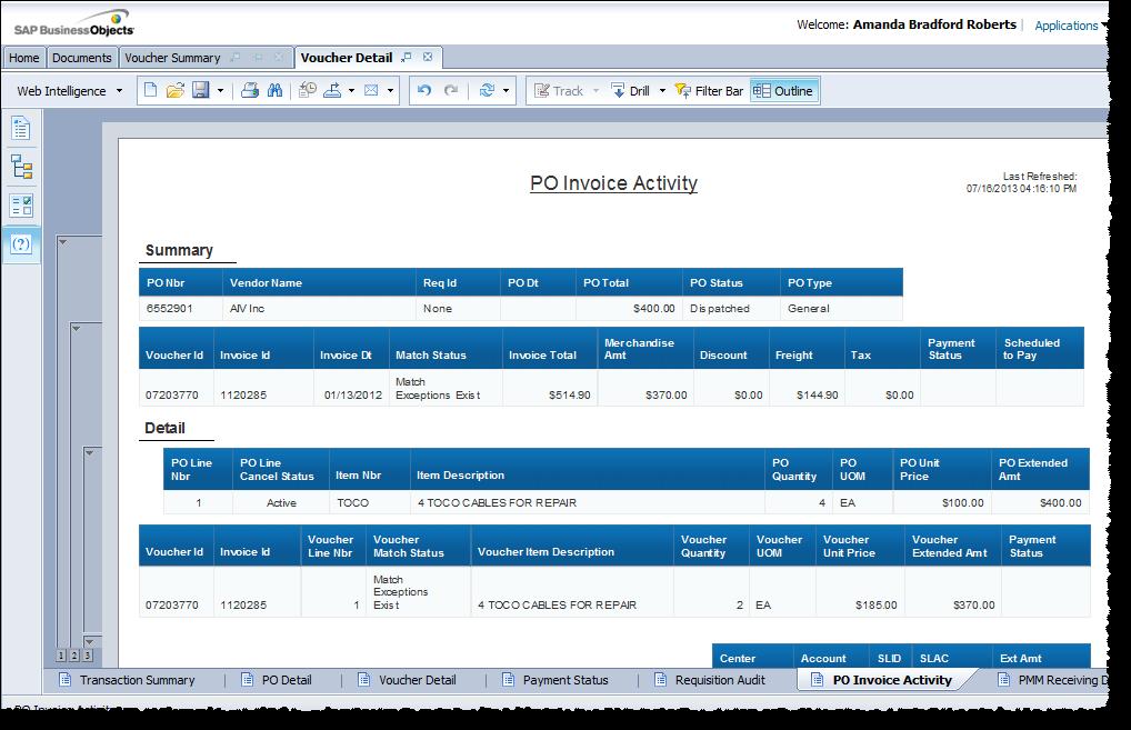 7. To review further PO and Invoice detail on a PO line basis, click on the PO Invoice Activity tab.