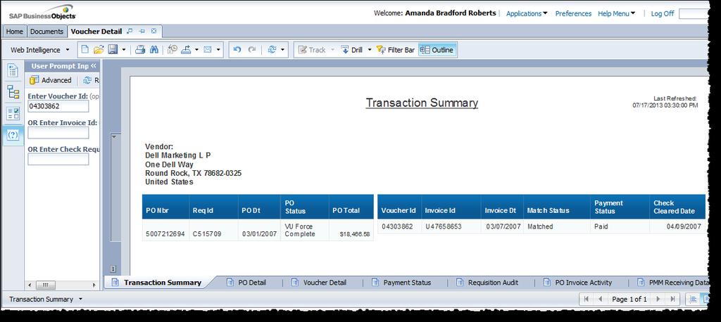 3. When the report is generated, it will open to the Transaction Summary tab.