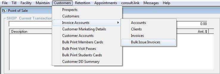 Bulk Issue Screen Changes This is now located in the POS module rather than the Admin module in the Customers menu. The invoices to issue can now be selected using the checkboxes.