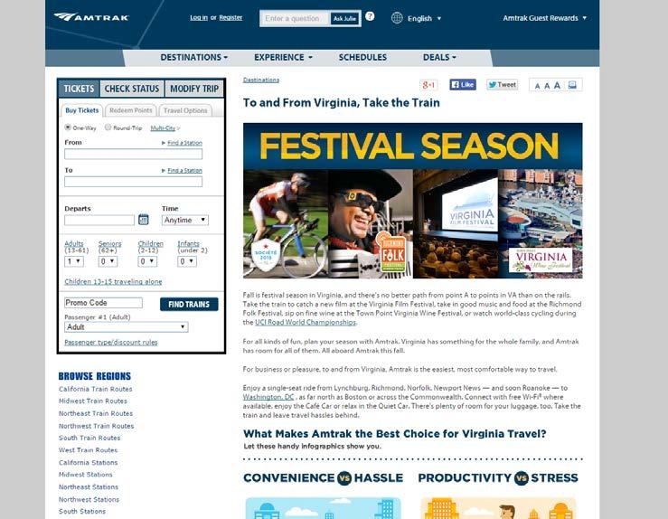 ecommerce FY15 12 State Partner Hosting on Amtrak.com In 1Q15, we worked with the Commonwealth of Virginia to migrate the Amtrak Virginia site to Amtrak.com Hosted on Amtrak.