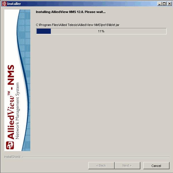 Installing on a Windows Platform (Service Provider and Enterprise FIGURE 2-5 AlliedView NMS Installation Wizard Installation Progress The progress bar tracks the progress of the installation.