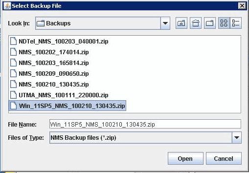 The system then prompts you to select the R11 SP5 backup file, as shown in the following figure. FIGURE 3-4 Selecting the Backup File 5. Select Open. The Installation Wizard now extracts the files.