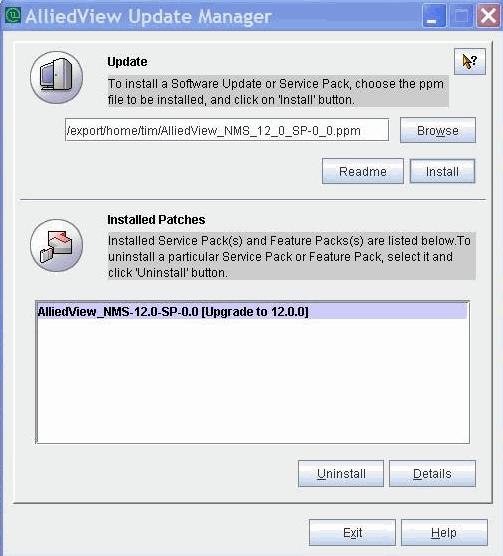 The AlliedView Update Manager GUI now contains the installed Service Pack, as shown in the following figure.