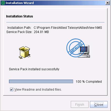 Installing the R12 Service Pack Upgrading the NMS Server FIGURE 7-4 AlliedView NMS Update Manager Installation Wizard Update In Progress 7. Allow the installation to complete, and then click Close. 8.