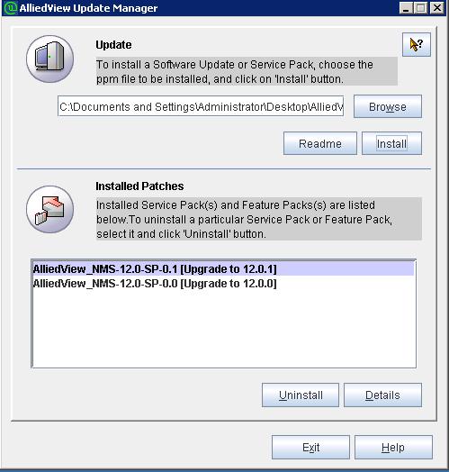 Ensuring the Service Pack is Running Correctly Uninstalling an AlliedView NMS Service Pack FIGURE 7-5 Update Manager Showing the Installed Service Pack 10. Start the NMS Server. Refer to Chapter 4.