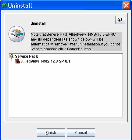 Ensuring the Service Pack is Running Correctly Uninstalling an AlliedView NMS Service Pack FIGURE 7-7 NMS Update Manager Uninstall Window 5. Click Finish.