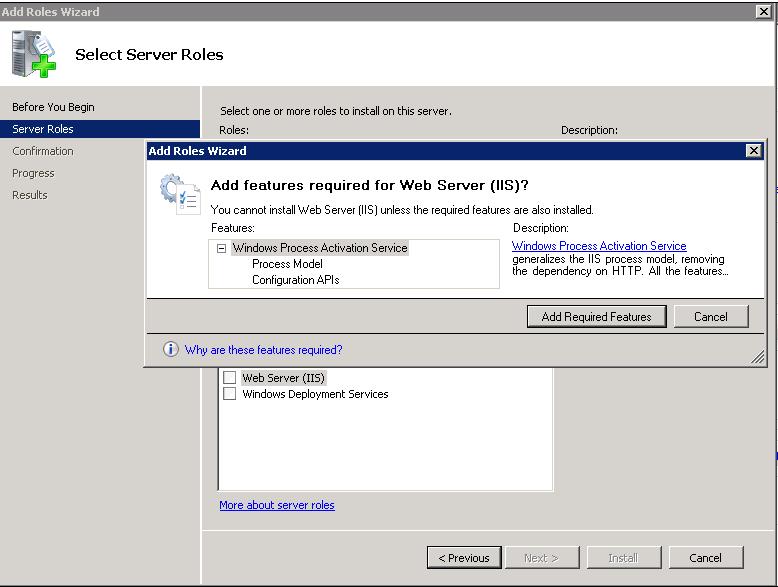 FIGURE 9-2 Adding Required Services for Web Server (IIS) 7. Select Add Required Features. The Web Server (IIS) tic box is now selected.