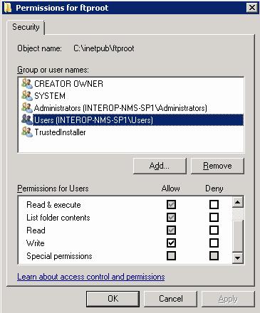 Windows 2008 24. Click Edit. The Permissions window opens. Select Users, and click the Write checkbox, as shown in the following figure.