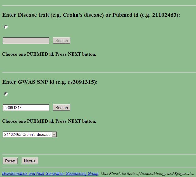 (4) A user can also retrieve PMID by entering SNP id (e.g. rs3091315) and after pressing Search button choose proper PMID.