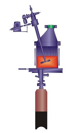 The crucible is topped by a dome which supports a mechanical stirrer. Glass level and temperature are continuously measured by specific sensors. Bubblers are positioned on the crucible slab.