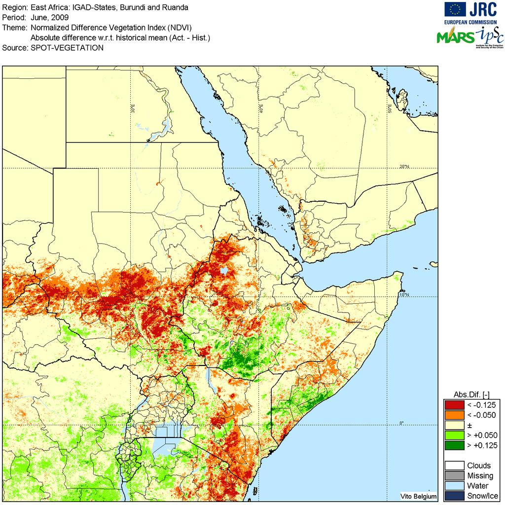 Figure 2. Example of absolute difference for NDVI and rainfall in June 2009.