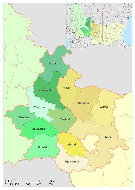 The Programme area includes 13 administrative units: 6 districts in Bulgaria, which correspond to NUTS level III (EUROSTAT), and the equivalent NUTS III 7 districts in Serbia.