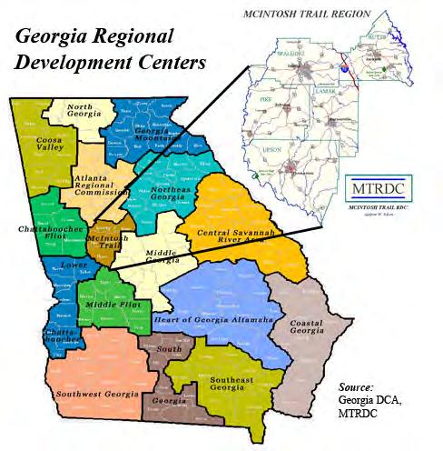 Figure 2: Georgia Regional Development Centers and McIntosh Trail RDC Spalding County is a part of the Atlanta Metropolitan Statistical Area as defined by the US Bureau of the Census.