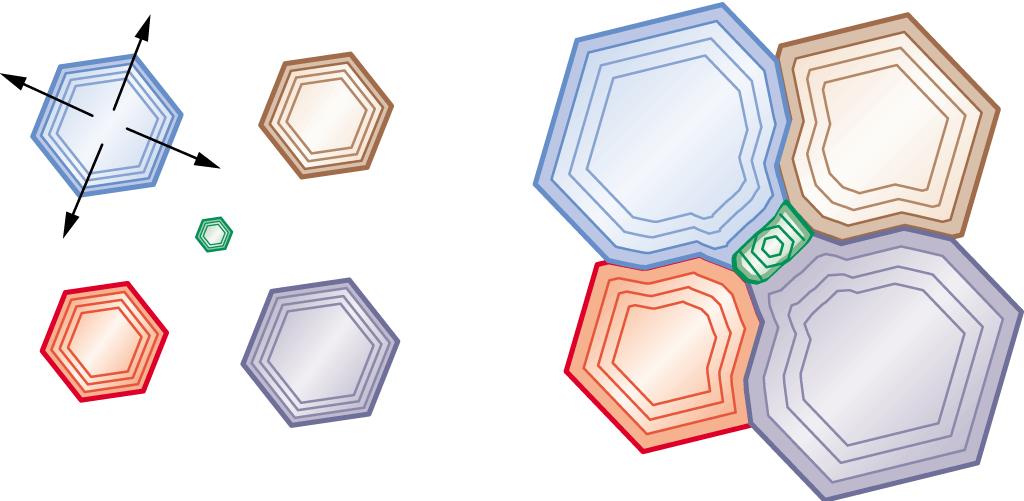 Crystal shape Crystals grow outward from a central
