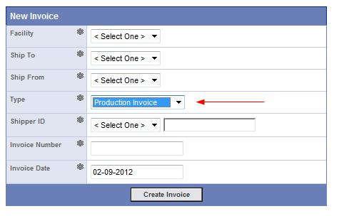 Create Invoice Production Invoice To create a Production Invoice, select the Billing-> Invoice Create link from the navigator. You must then select your options from the drop down menus.
