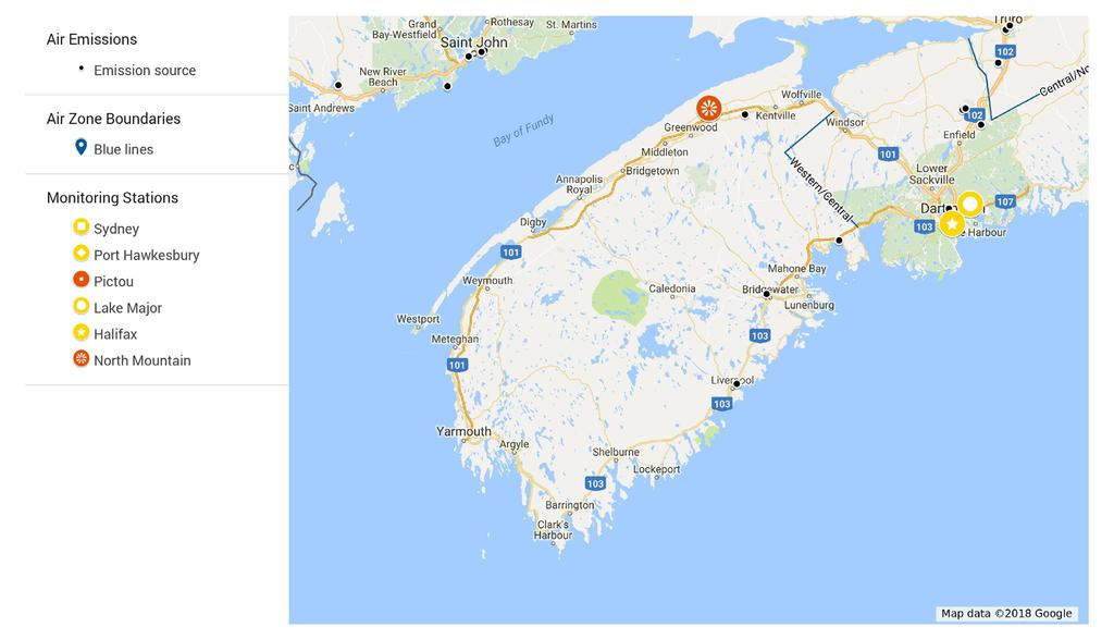 Figure 8. The western air zone of Nova Scotia. There was one monitoring station operational for this reporting period (large orange circle).