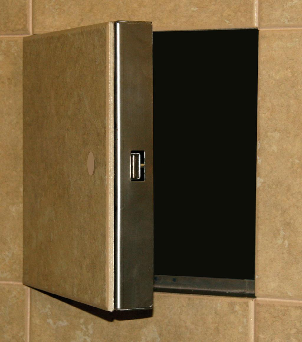 Recessed Fire-Rated Babcock-Davis BRU Series uninsulated access doors provide access through vertical surfaces in ceramic tile applications.