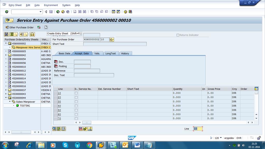 After Selecting Service Purchase Order Click Create Entry Sheet Button Create new