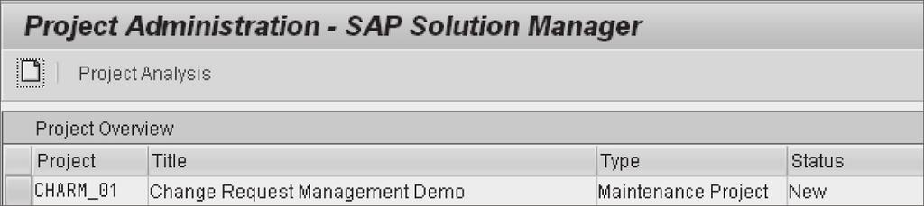 Project Administration in SAP Solution Manager 2.2 Transaction SOLAR_PROJECT_ADMIN provides access to central Project Administration. 1.