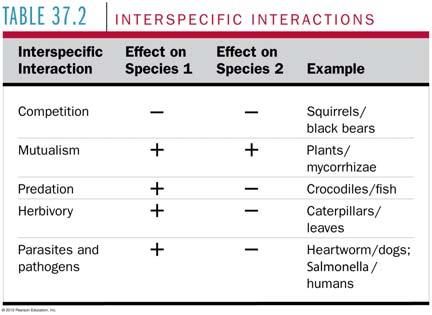 37.2 Interspecific interactions are fundamental to community structure Interspecific interactions are relationships with individuals of other species in the community, greatly affect population