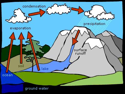 The Water Cycle Water occurs as liquid, solid, and in the atmosphere as a gas. 1. Water falls to the Earth as rain or snow (precipitation) 2.