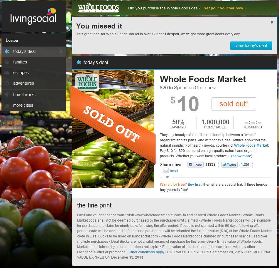 Whole Foods Living Social 1,000,000 sold!