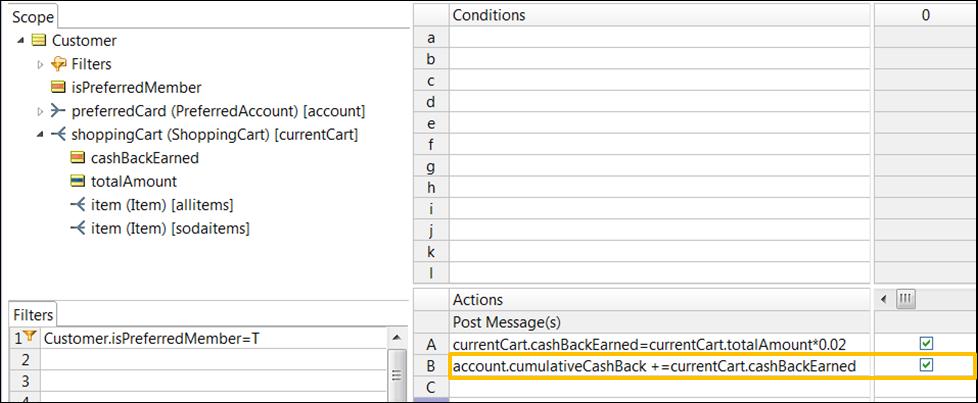Action row B in Column 0 calculates the cumulativecashback amount in a customer s account by incrementing its value (using the += Decimal operator) by the cashbackearned in the current shopping cart.